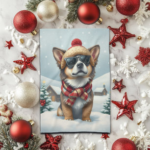 Cool Dog in Preppy Winter Attire and Hat Winter Tea Towel
