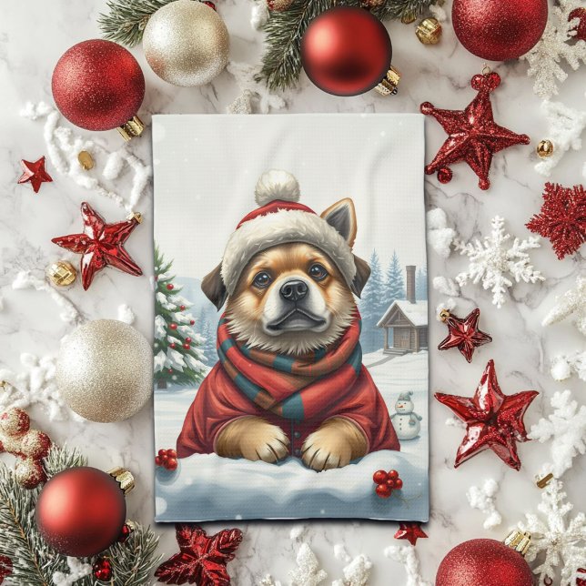 Cool Dog in Preppy Winter Attire and Hat Winter Tea Towel (Creator Uploaded)
