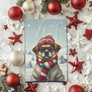 Cool Dog in Preppy Winter Attire and Hat Winter Tea Towel