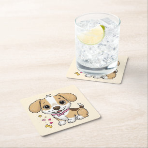 Cool Dog puppy animals pet cartoon Birthday Square Paper Coaster
