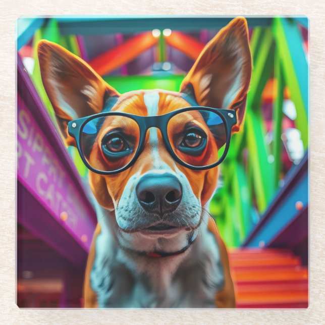 Cool Dog with Sunglasses Glass Coaster (Front)