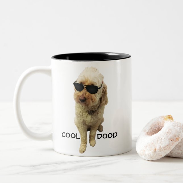 Cool Dood, Goldendoodle with Sunglasses on Two-Tone Coffee Mug (With Donut)