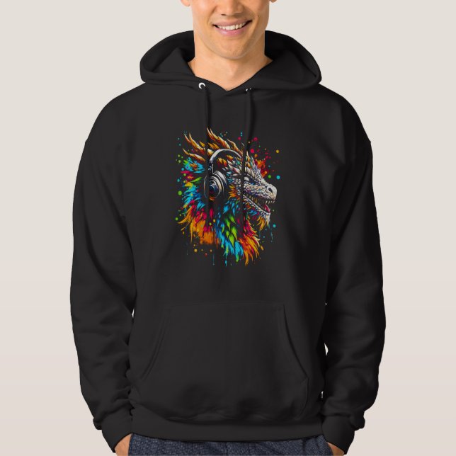 Cool Dragon Headphone Music Art Christmas Birthday Hoodie (Front)
