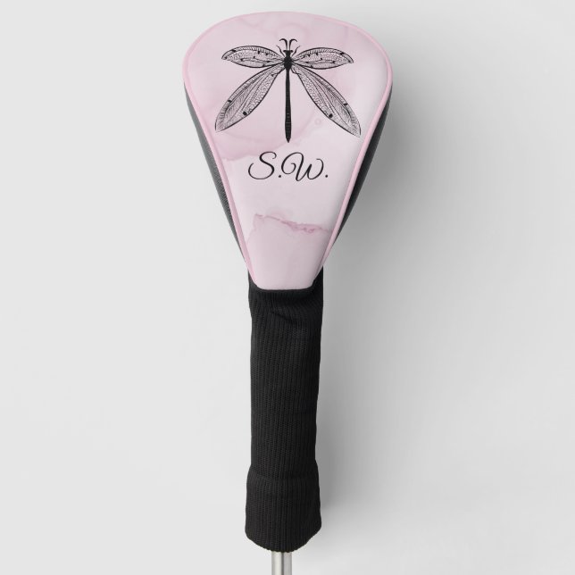Cool Dragonfly Cottagecore Pink Monogram Golf Head Cover (Front)