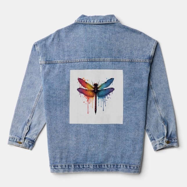 Cool Dragonfly on colourful painted Dragonfly Denim Jacket (Back)
