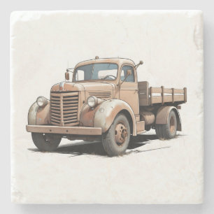 Cool Drawing of an Old Brown Flatbed/Pickup Truck Stone Coaster