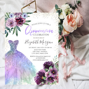 Cool Dress,Confetti Violet Flowers Quinceañera Invitation