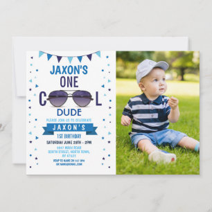 Cool Dude 1st Birthday Sunglasses Summer Boy Photo Invitation