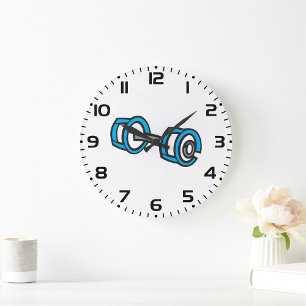 Cool Dumbbell Fitness Blue and Grey Gym Graphic  Large Clock