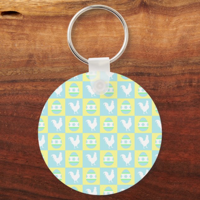 Cool Easter Chequerboard Pattern Rooster Eggs Key Ring (Back)
