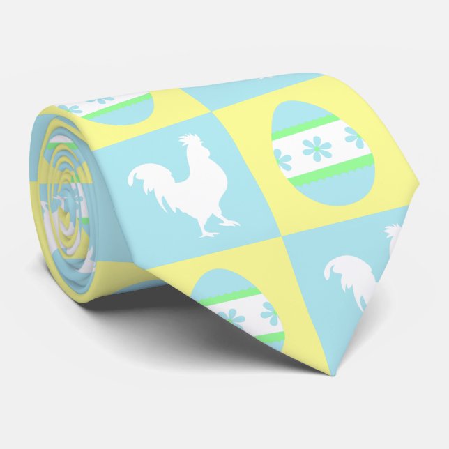 Cool Easter Chequerboard Pattern Rooster Eggs Tie (Rolled)