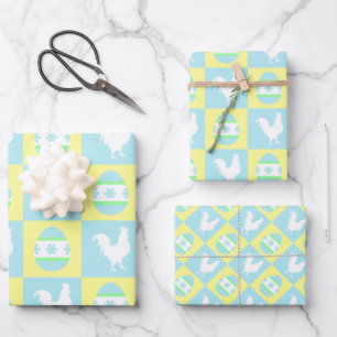 Cool Easter Chequerboard Pattern Rooster Eggs Wrapping Paper Sheet