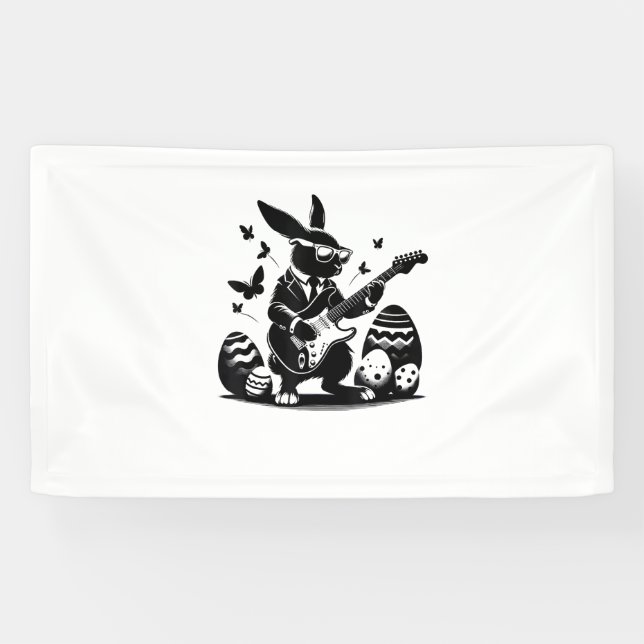 Cool Easter Rabbit Playing Guitar Cute Bunny Easte Banner (Horizontal)