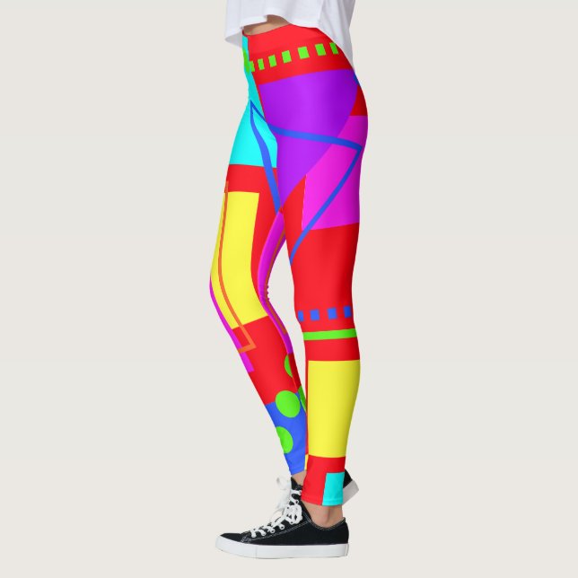 COOL EIGHTIES ERA SHAPE PATTERN 80S NEON COLORS LEGGINGS (Left)