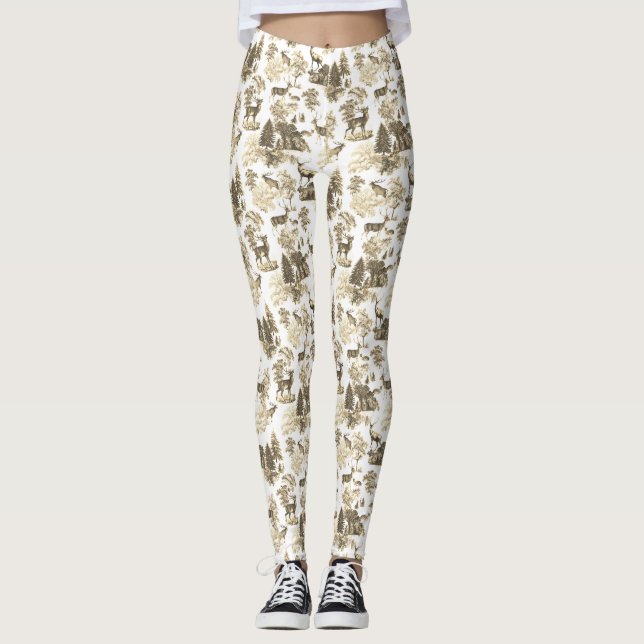 Cool Elegant Beige Deer French Toile  Leggings (Front)