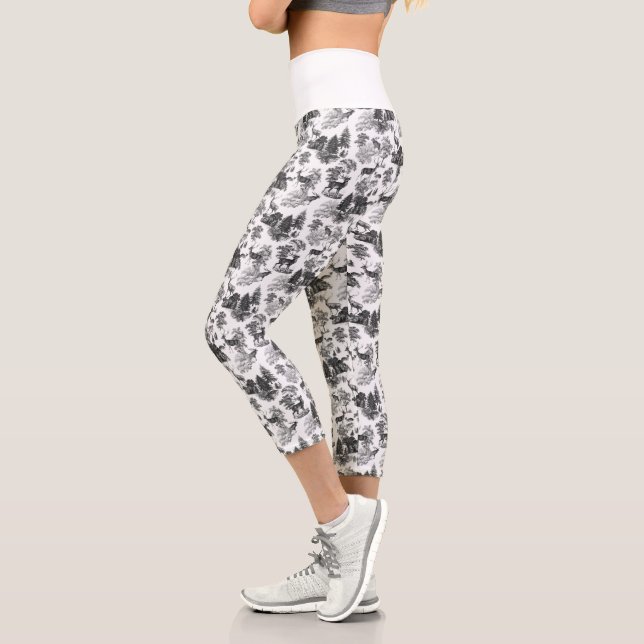Cool Elegant Black White Deer French Toile Capri Leggings (Left)