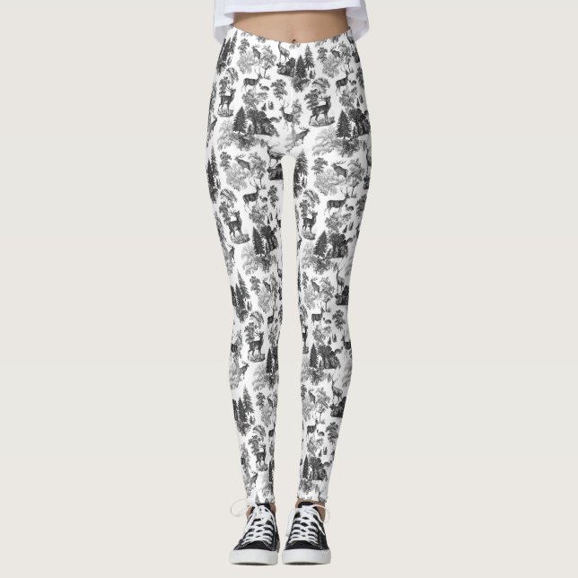 Cool Elegant Black White Deer French Toile Leggings (Front)