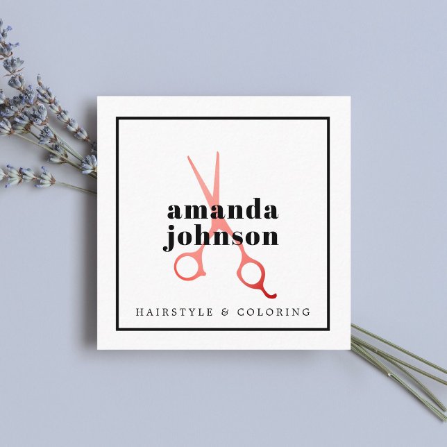 Cool Elegant Black White Scissors Hair Stylist Square Business Card (Creator Uploaded)
