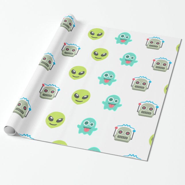 Cool Emoji Alien Ghost Robot Face Pattern Wrapping Paper (Unrolled)