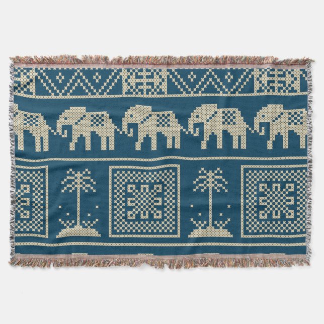 Cool Ethnic pattern Trendy elephants blue  Throw Blanket (Front)