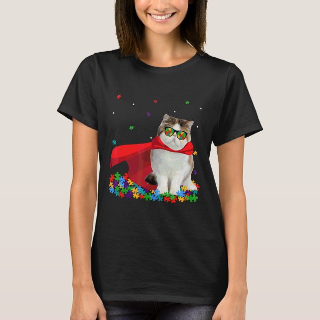 Cool Exotic Autism Awareness Graphic Cat T-Shirt (Front)