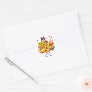 Cool fall cat with pumpkins, name & address classic round sticker