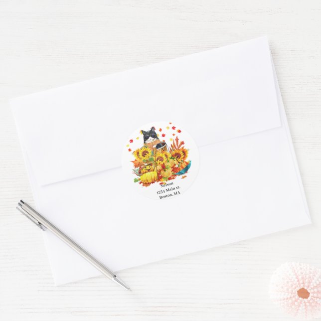 Cool fall cat with pumpkins, name & address classic round sticker (Envelope)