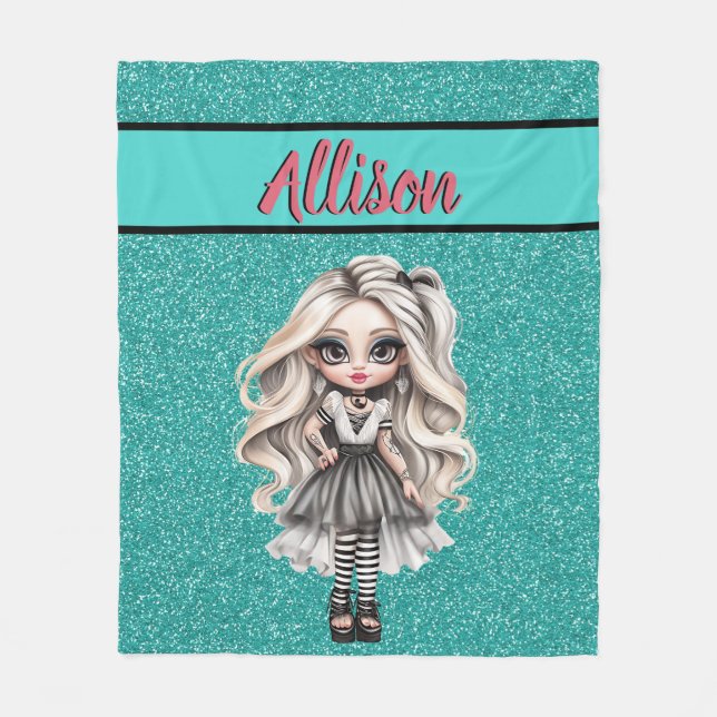 Cool Fashion Girl Turquoise Glitter Personalised Fleece Blanket (Front)