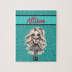 Cool Fashion Girl Turquoise Glitter Personalised Jigsaw Puzzle