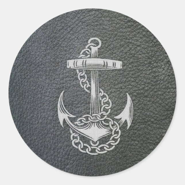 Cool fashionable silver metal shine effects anchor classic round sticker (Front)
