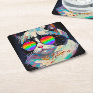 Cool Fat Cat (Painting #1 / Black) Square Paper Coaster