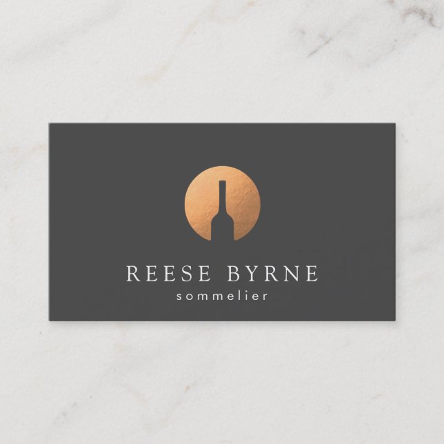 Cool Faux Copper Wine Bottle Logo Sommelier Grey Business Card (Front)