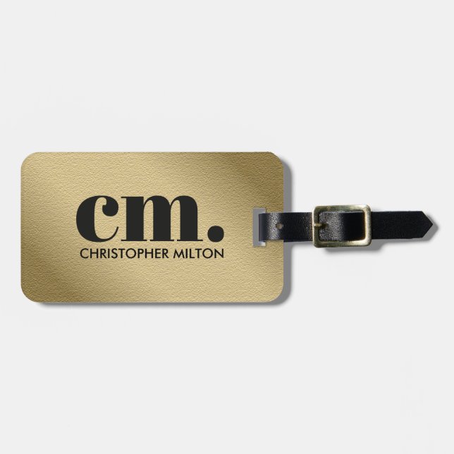 Cool Faux Gold Bold Black Monogram Luggage Tag (Front Horizontal)