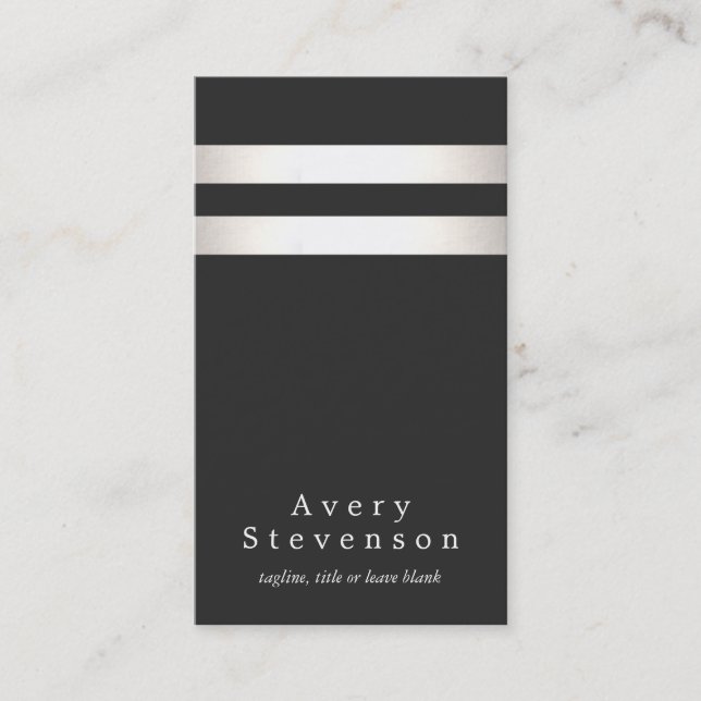 Cool Faux Silver Foil and Black Striped Modern Business Card (Front)