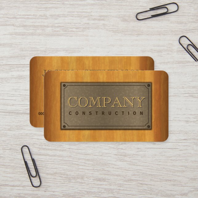 Cool Faux Wood Metal Plate and Wood Construction Business Card (Front/Back In Situ)