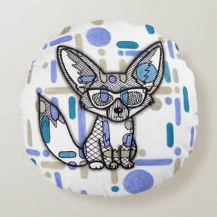 Cool Fennec Fox with Sunglasses Blue Geometric Rou Round Cushion