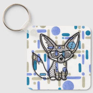 Cool Fennec Fox with Sunglasses Blue Geometric Squ Key Ring
