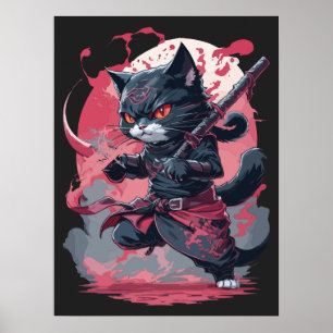 Cool Fire Splash Black Ninja Cat Warrior Poster