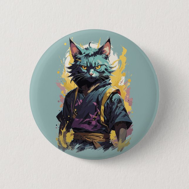 Cool Fire Splash Grey Ninja Cat Warrior 6 Cm Round Badge (Front)