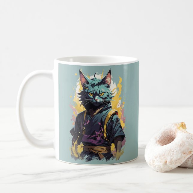 Cool Fire Splash Grey Ninja Cat Warrior Coffee Mug (With Donut)
