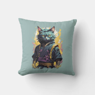 Cool Fire Splash Grey Ninja Cat Warrior Cushion