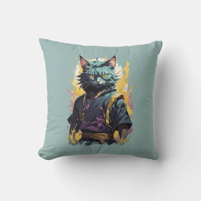 Cool Fire Splash Grey Ninja Cat Warrior Cushion (Front)
