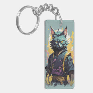 Cool Fire Splash Grey Ninja Cat Warrior Key Ring