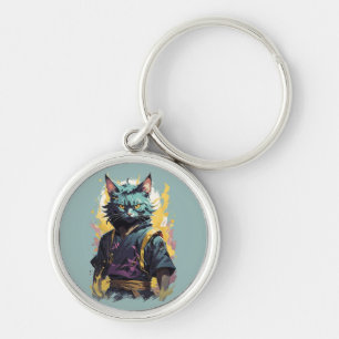 Cool Fire Splash Grey Ninja Cat Warrior Key Ring