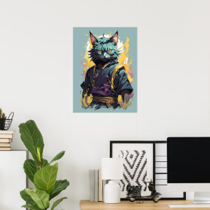 Cool Fire Splash Grey Ninja Cat Warrior Poster