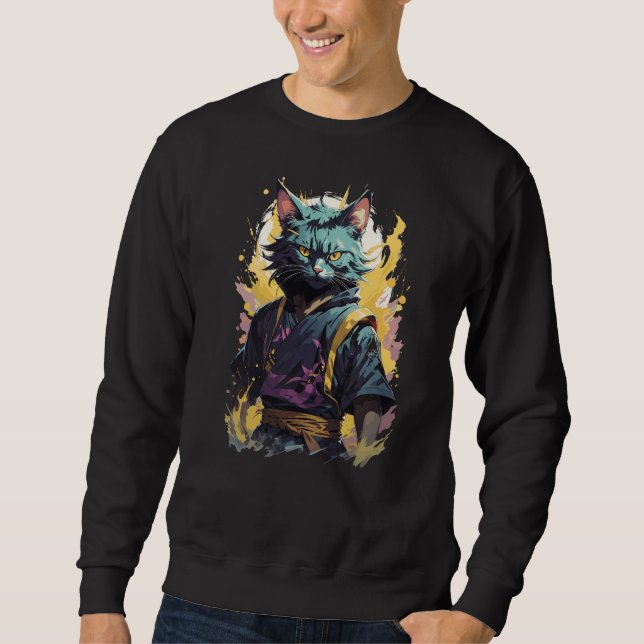 Cool Fire Splash Grey Ninja Cat Warrior Sweatshirt (Front)