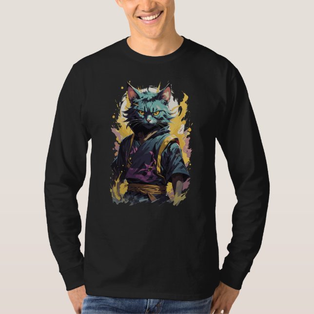 Cool Fire Splash Grey Ninja Cat Warrior T-Shirt (Front)