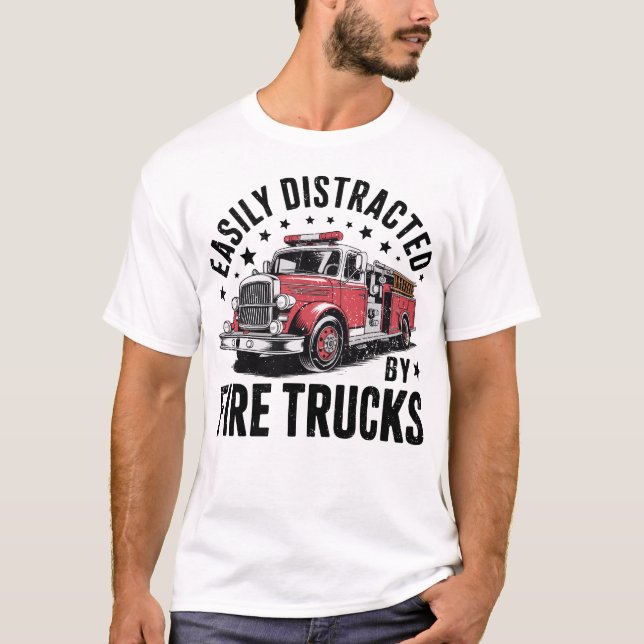 Cool Firefighter Funny Fire Truck Distracted Men  T-Shirt (Front)