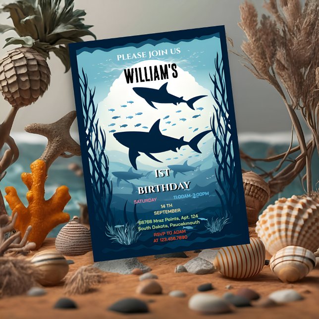cool fish sea blue whale shark 1st Birthday Invitation (Creator Uploaded)