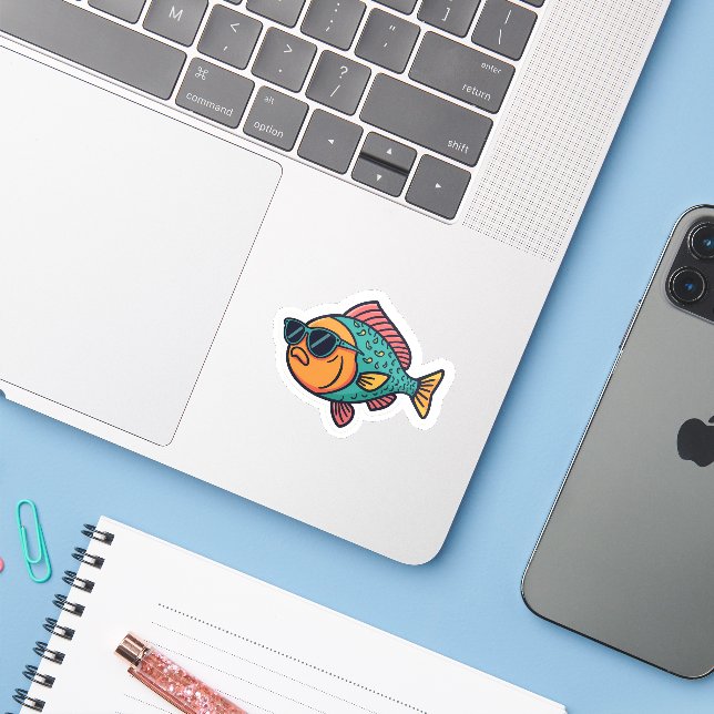 Cool Fish with Sunglasses Sticker (Laptop w/ iPhone)